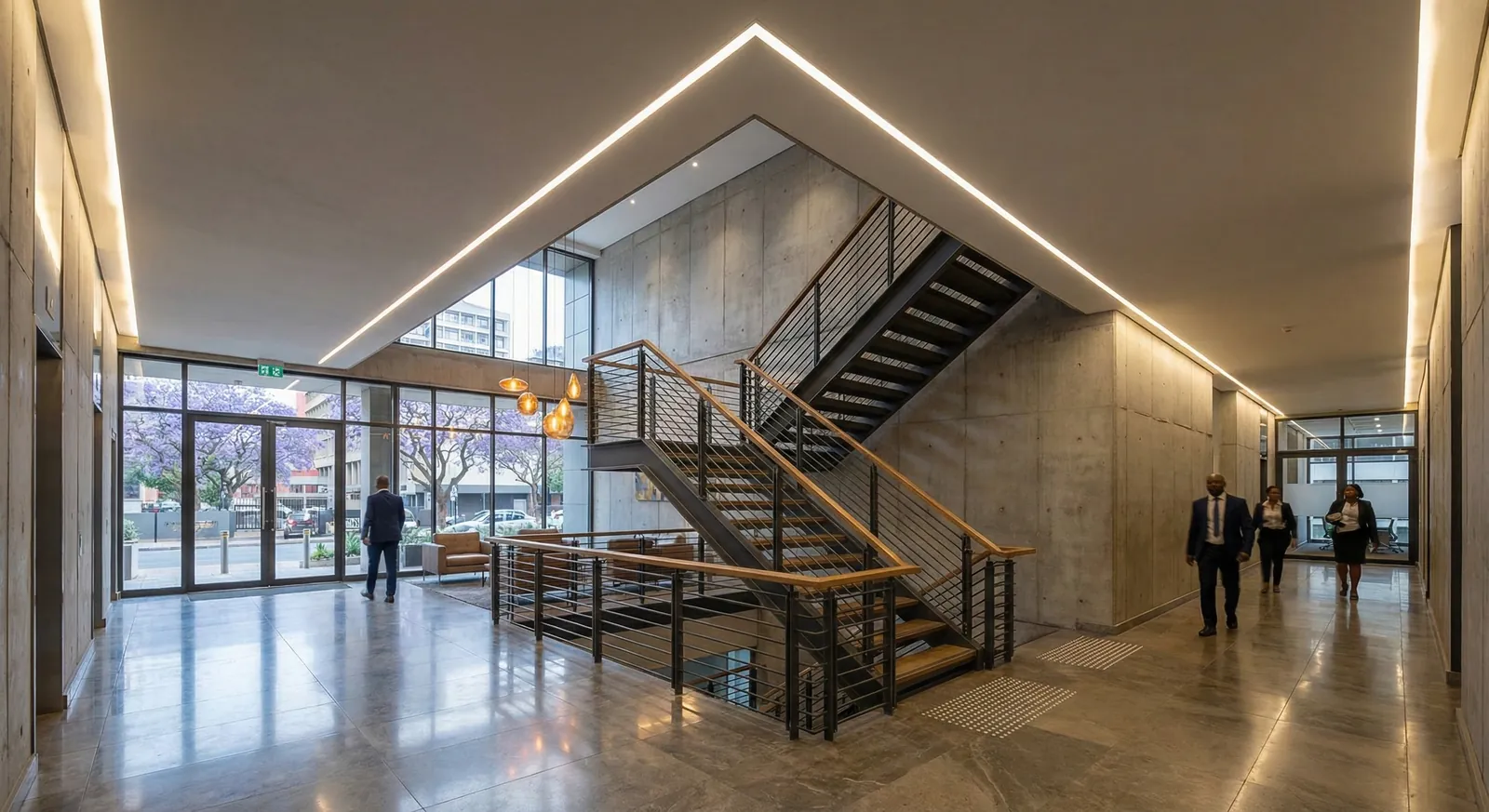 Perimeter linear cove lighting and a feature staircase in an office building lobby