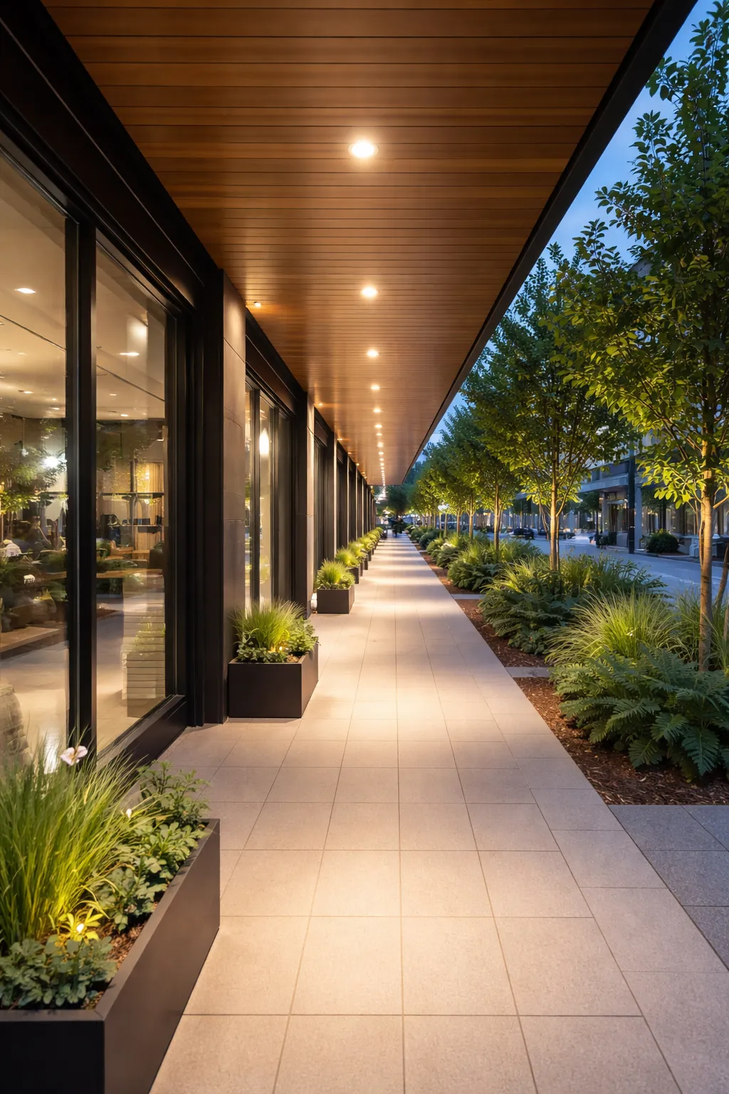 Exterior pathway lighting at a commercial development
