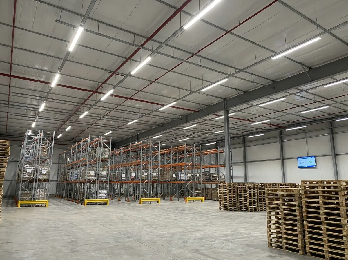 LED linear high-bay lighting over pallet racking in a warehouse