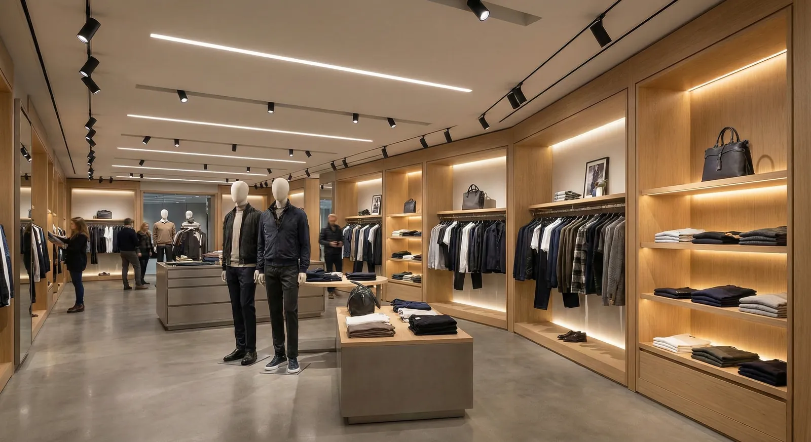Track spotlights and warm shelf accent lighting in a menswear store