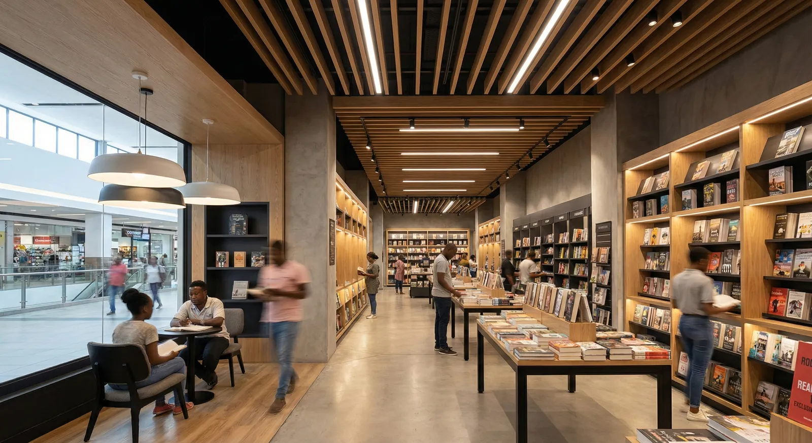 Recessed linear LED and illuminated display shelving in a mall bookstore