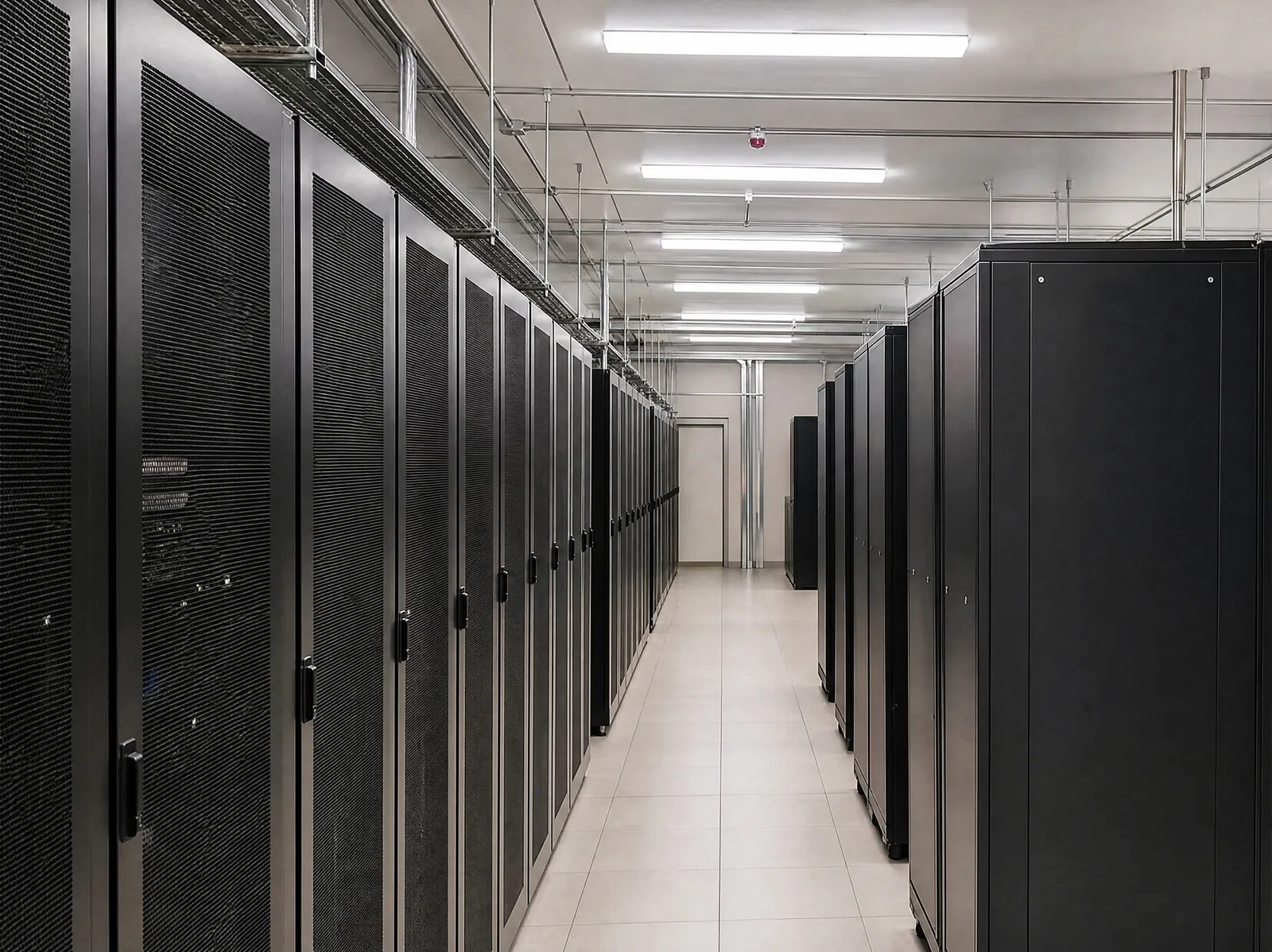Linear LED batten lighting over server racks in a data centre aisle