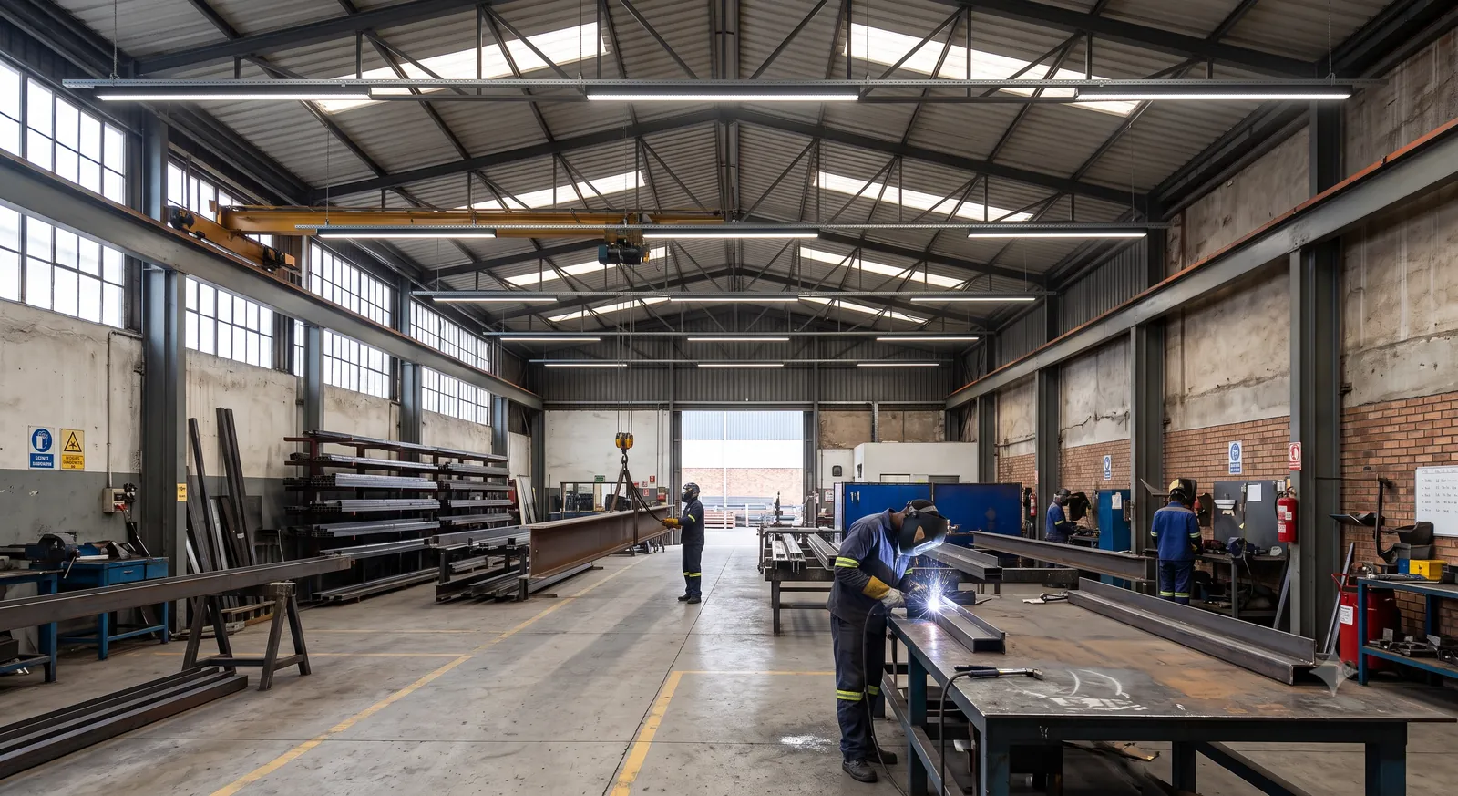 Linear high-bay lighting in a steel fabrication workshop