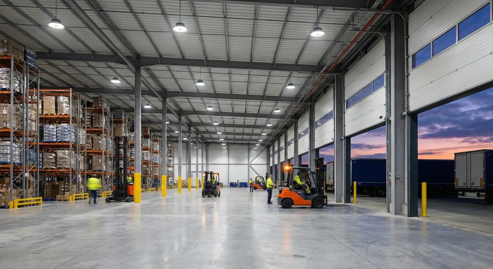 Round LED high-bay lighting over a distribution warehouse at dusk